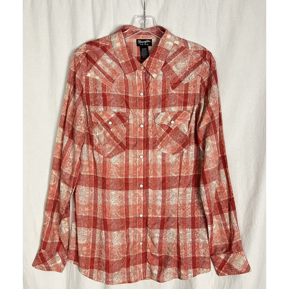 Women's wrangler retro Orange paisley Plaid Pearl snap Shirt size S